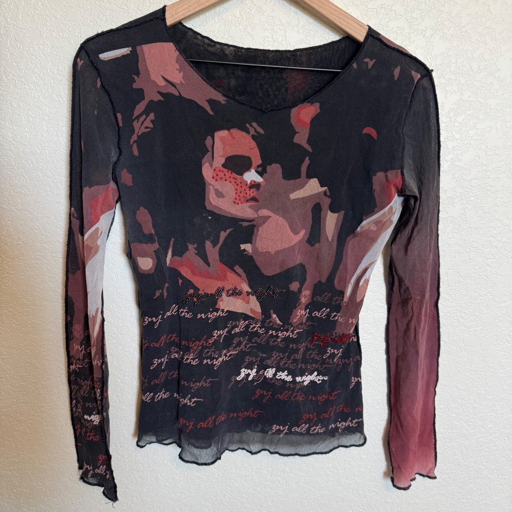 Vintage Grunge Whimsygoth Y2K Italian Euro Mesh Top Medium Black Red